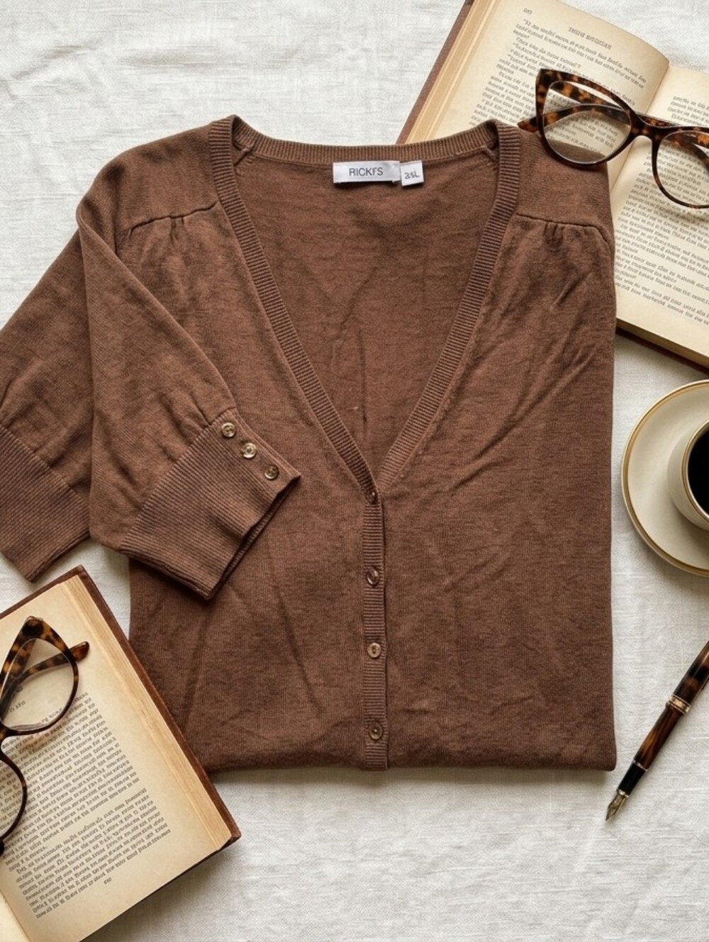 Ricki's XXL Brown V-Neck Cardigan Short Sleeve Button Down Classic Knit Sweater